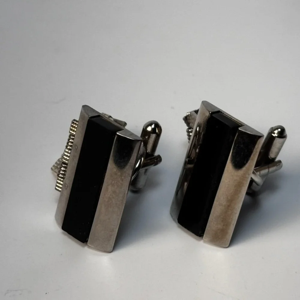 Vintage Cuff Links‎ Silver Tone Black Large Maximalism